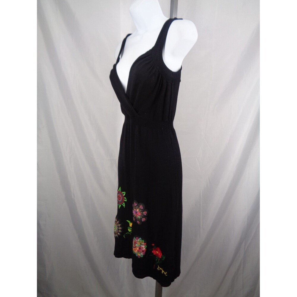 Desigual Black Knit Applique Dress Size Small Floral Starburst Embroidered - Picture 3 of 16
